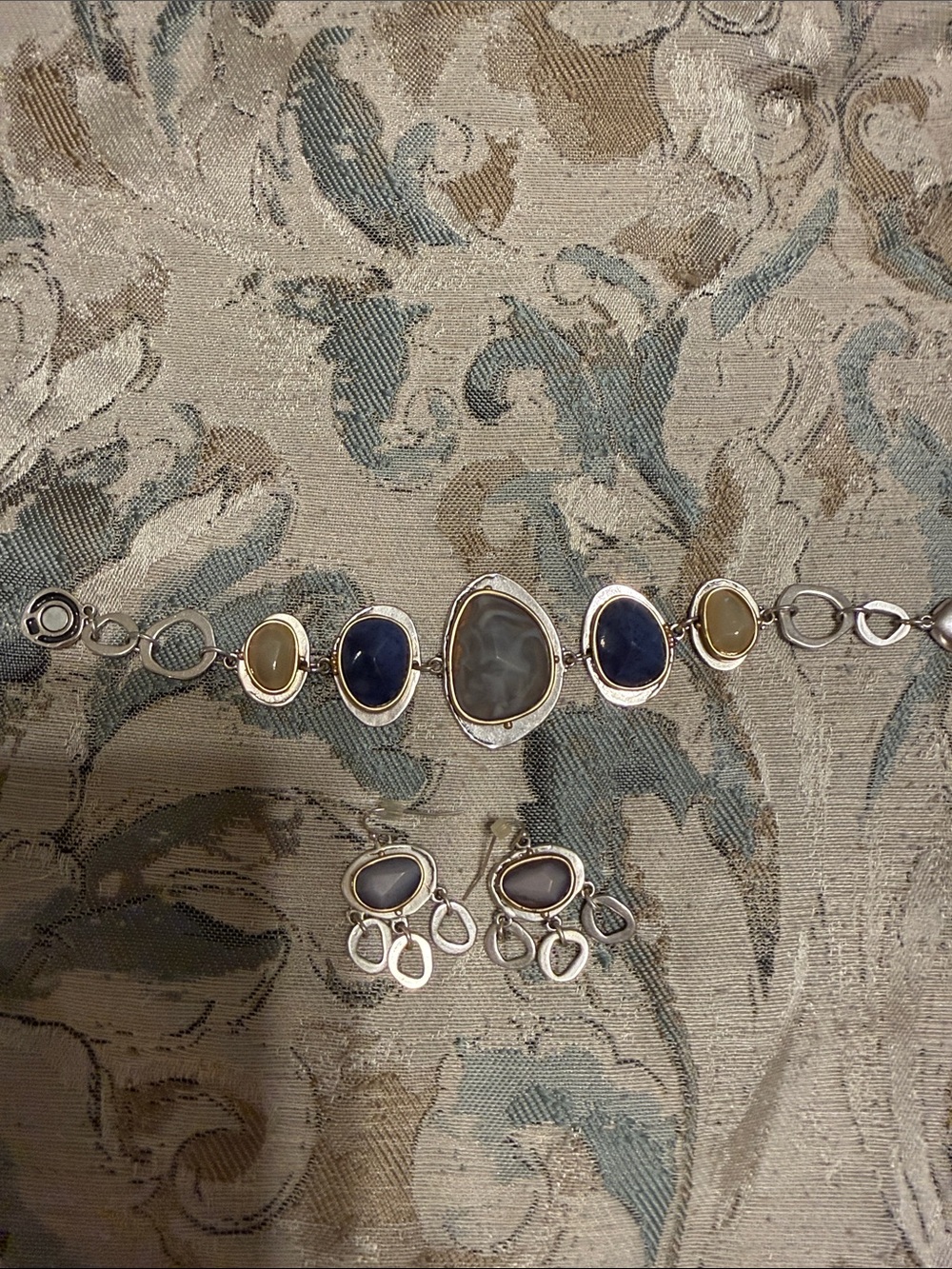 Chico’s Silver, Gold, Blue and Beige Agate Bracelet and Earring Set